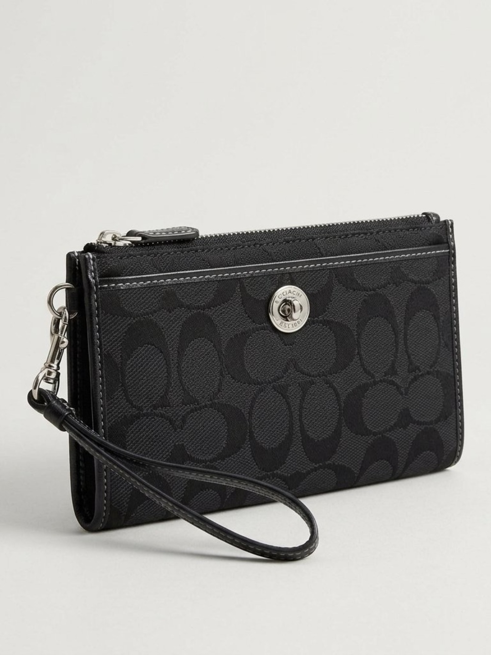 Coach Black Signature Wristlet Clutch with Silver Hardware